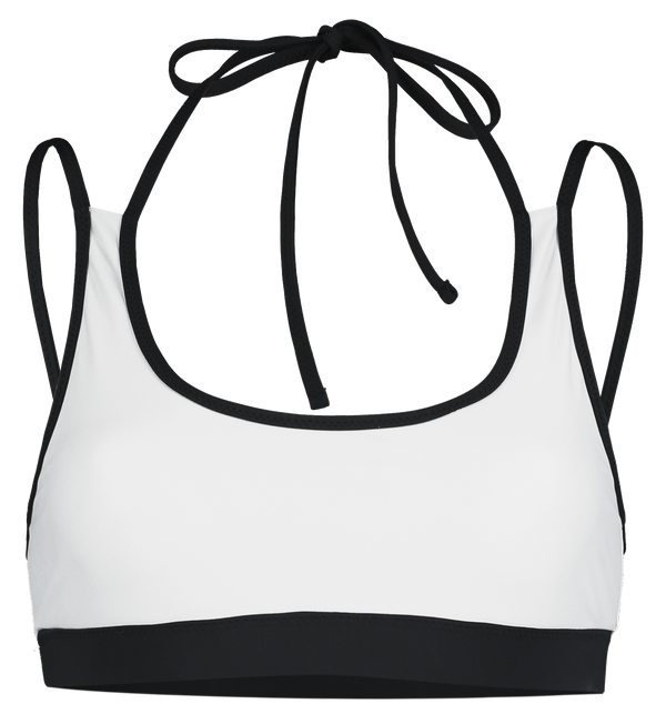 sustainable crop style bikini top with double straps in reversible black and white