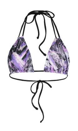 sustainable bikini top with multi-way straps in reversible light grey and purple print 