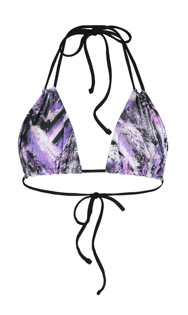 sustainable bikini top with multi-way straps in reversible light grey and purple print 