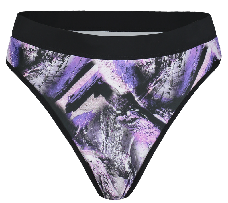 sustainable high waisted bikini bottoms with elastic waistband in reversible purple print and light grey