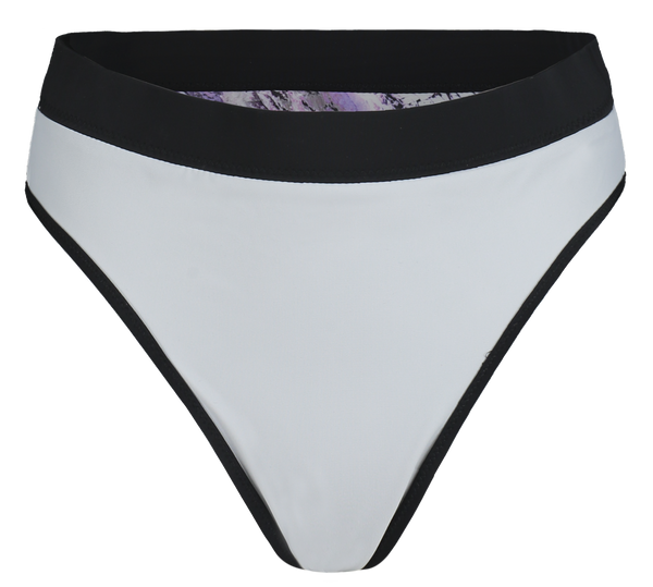 sustainable high waisted bikini bottoms with elastic waistband in reversible purple print and light grey