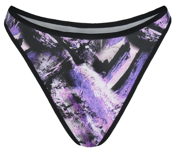 sustainable high waisted thong bikini bottoms with in reversible purple print and light grey