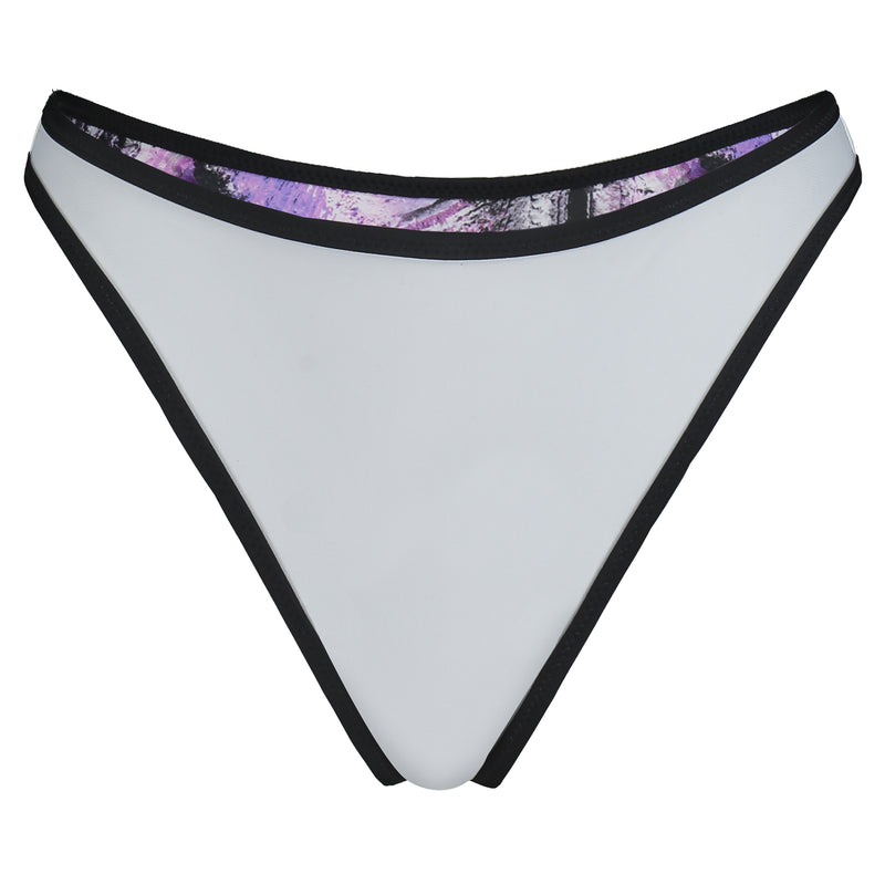 sustainable high waisted thong bikini bottoms with in reversible purple print and light grey